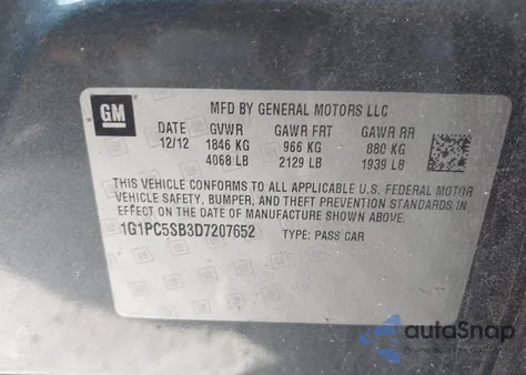 2013 Chevrolet Cruze 1Lt Auto из США, поврежденный, VIN 1G1PC5SB3D7207652